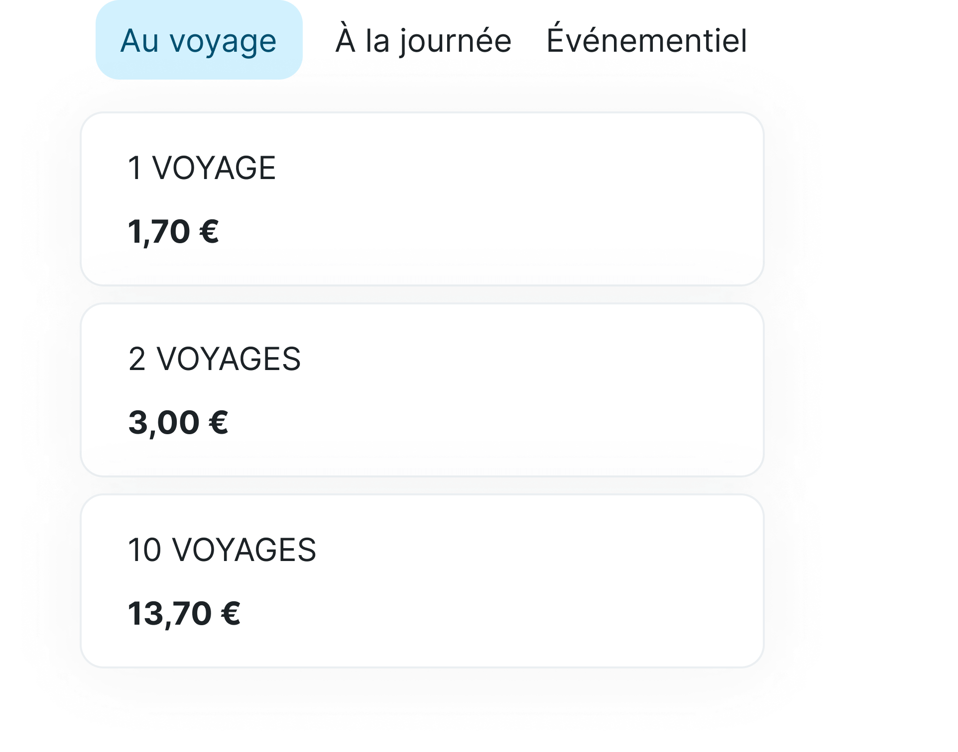 Proposals of several tickets with different prices according to the number of trips